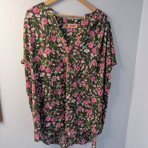 EVRI Olive Green Pink Floral Short Sleeve Blouse |‎ Plus Size 3X